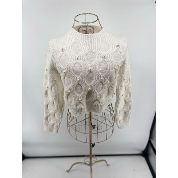 Maria Pavan Women’s White Faux Pearl Embellished Sweater Long Sleeve Size Small - Picture 1 of 14